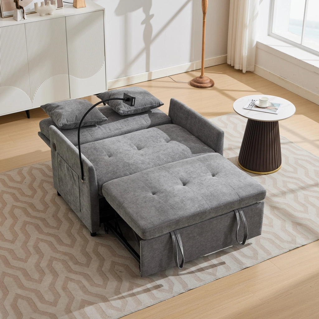 Divano letto pieghevole moderno con USB; supporto tablet e rivestimento grigio