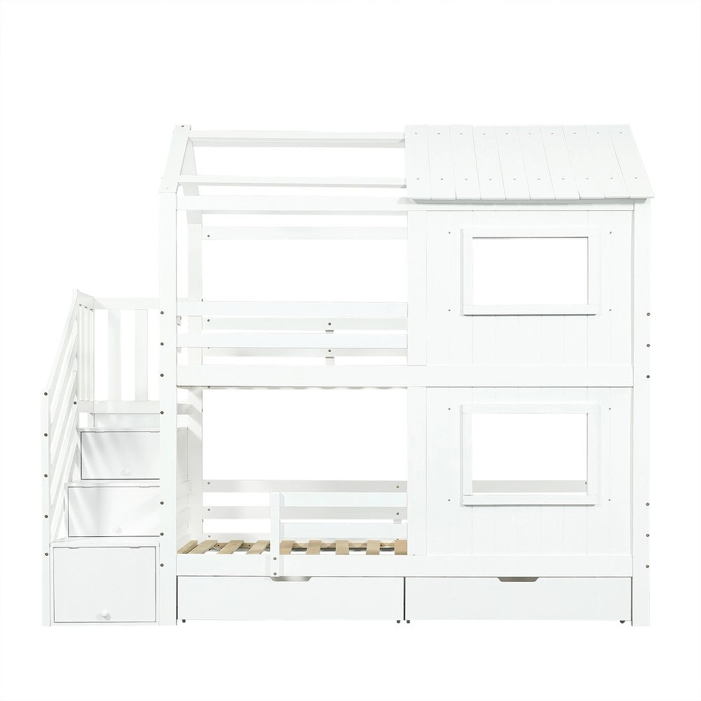 Letto a Castello per Bambini con Cassetti e Doghe ¨C MINIMAL ¨C Pino/MDF, Bianco, 90x200cm