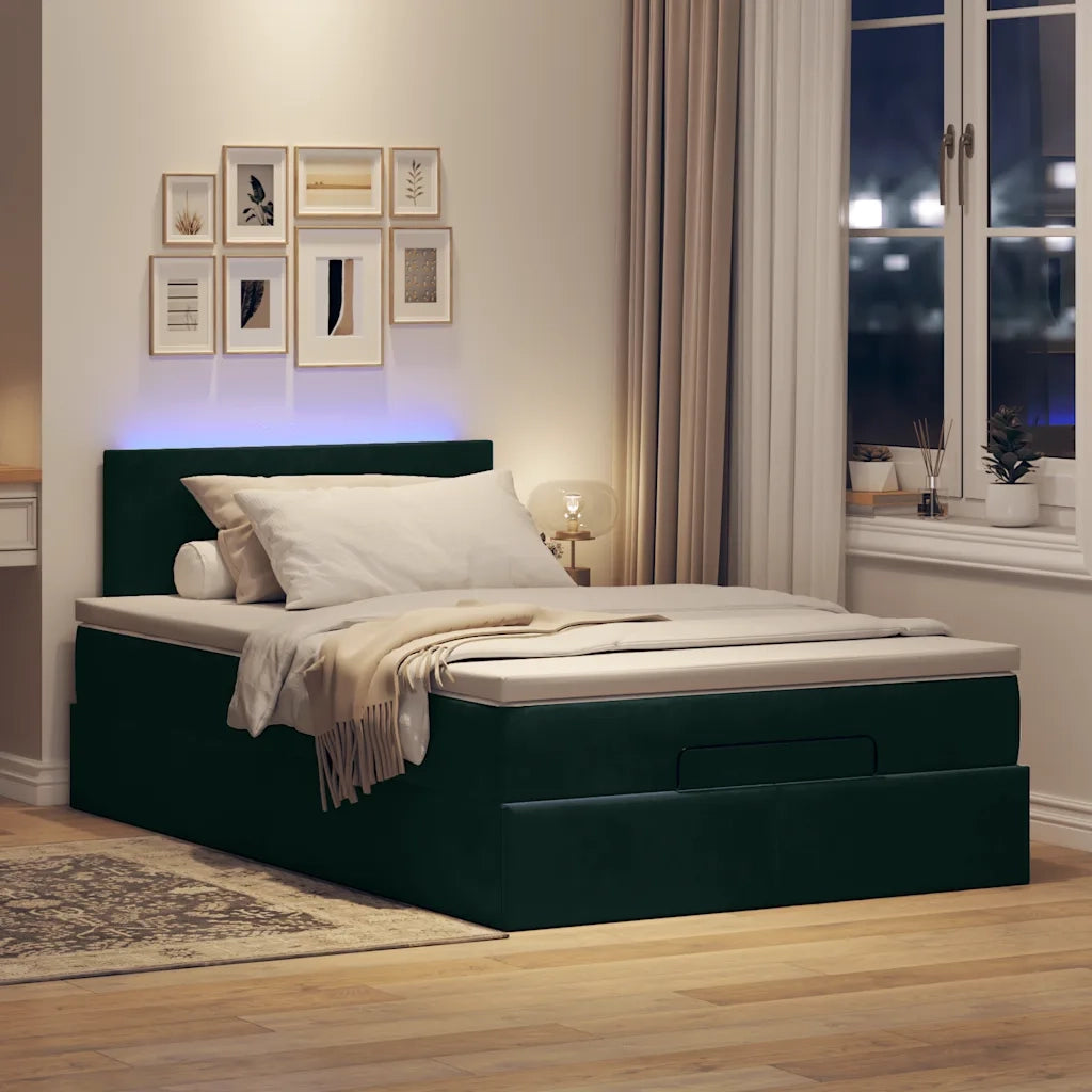 Pouf Letto con Materasso e LED Verde Scuro 120x190cm in Velluto