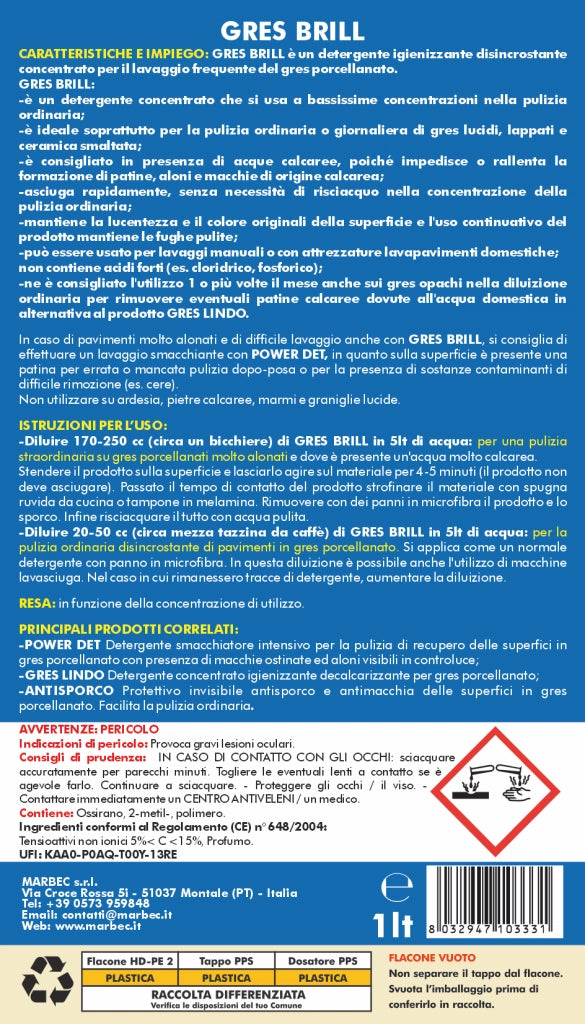 Detergente per gres porcellanato GRES BRILL   1LT + Tampone in Melamina