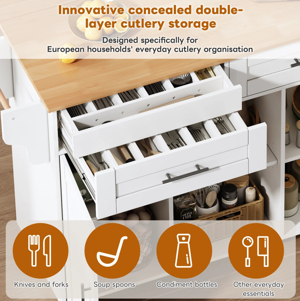 Carrello cucina mobile con piano allungabile 145x70x94;5 cm; bianco in MDF