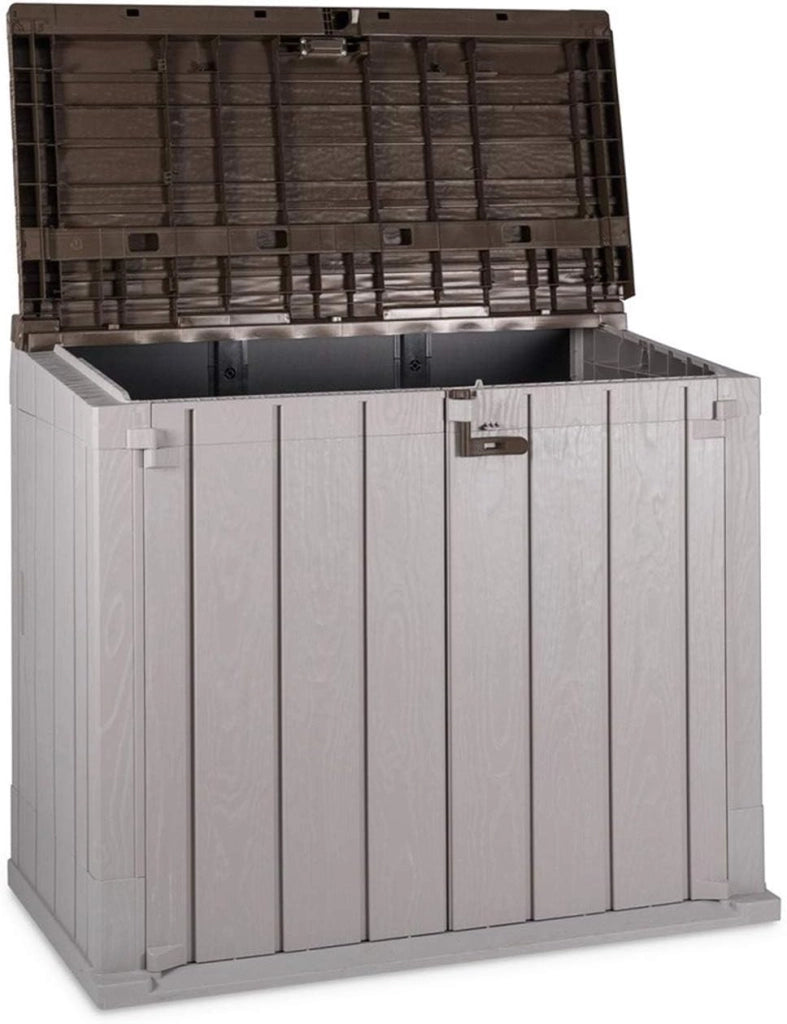 Baule porta attrezzi da esterno in resina Stora Way 842 litri con doppia apertura colore grigio talpa e marrone Toomax