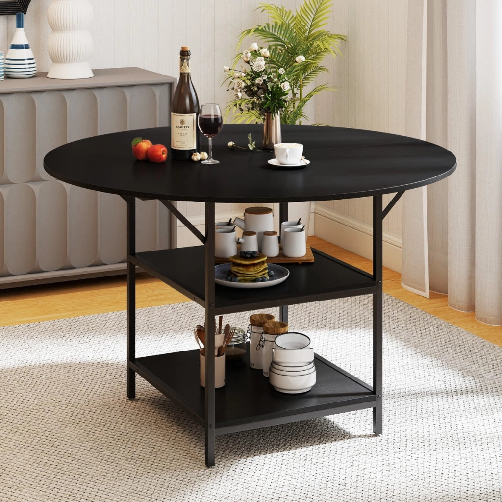 Tavolo da pranzo rotondo rustico ripiano aperto a 2 livelli, Tavolo da pranzo rotondo 120 cm per 4-6 persone Nero-Tavoli e sedie da pranzo