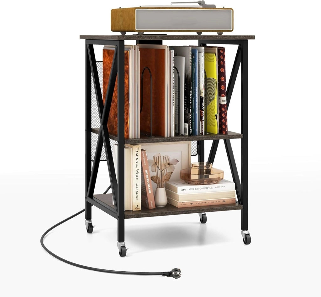 Supporto per Giradischi, Supporto per Giradischi in Vinile con Presa di Corrente e Porta USB, Ruote Bloccabili, 3 Livelli, per Soggiorno, Camera da Letto, 52 x 45 x 75 cm (Grigio)