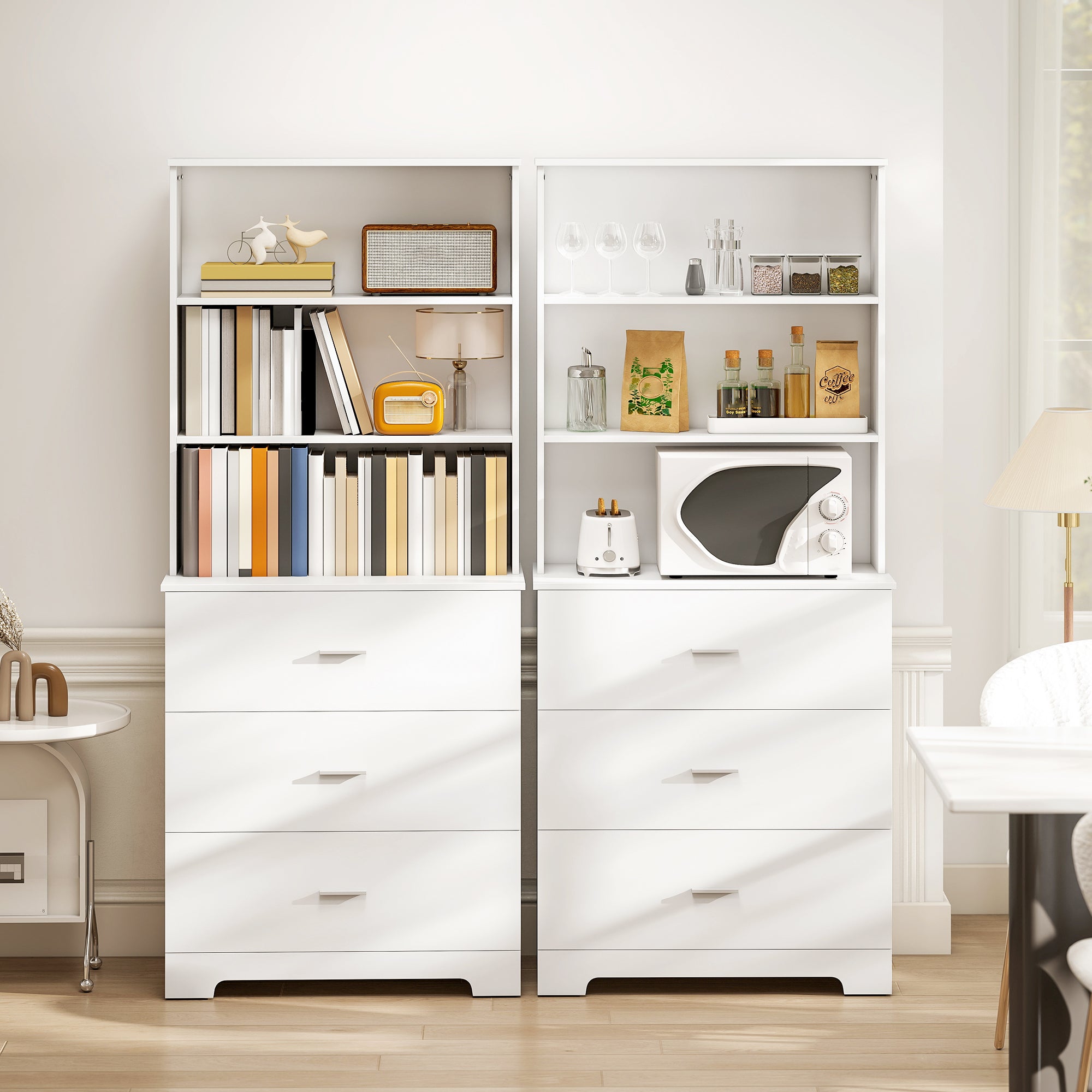 Libreria a Muro 79x39,5x182,2 cm con 3 Ripiani Aperti e 3 Cassetti in Legno Bianco