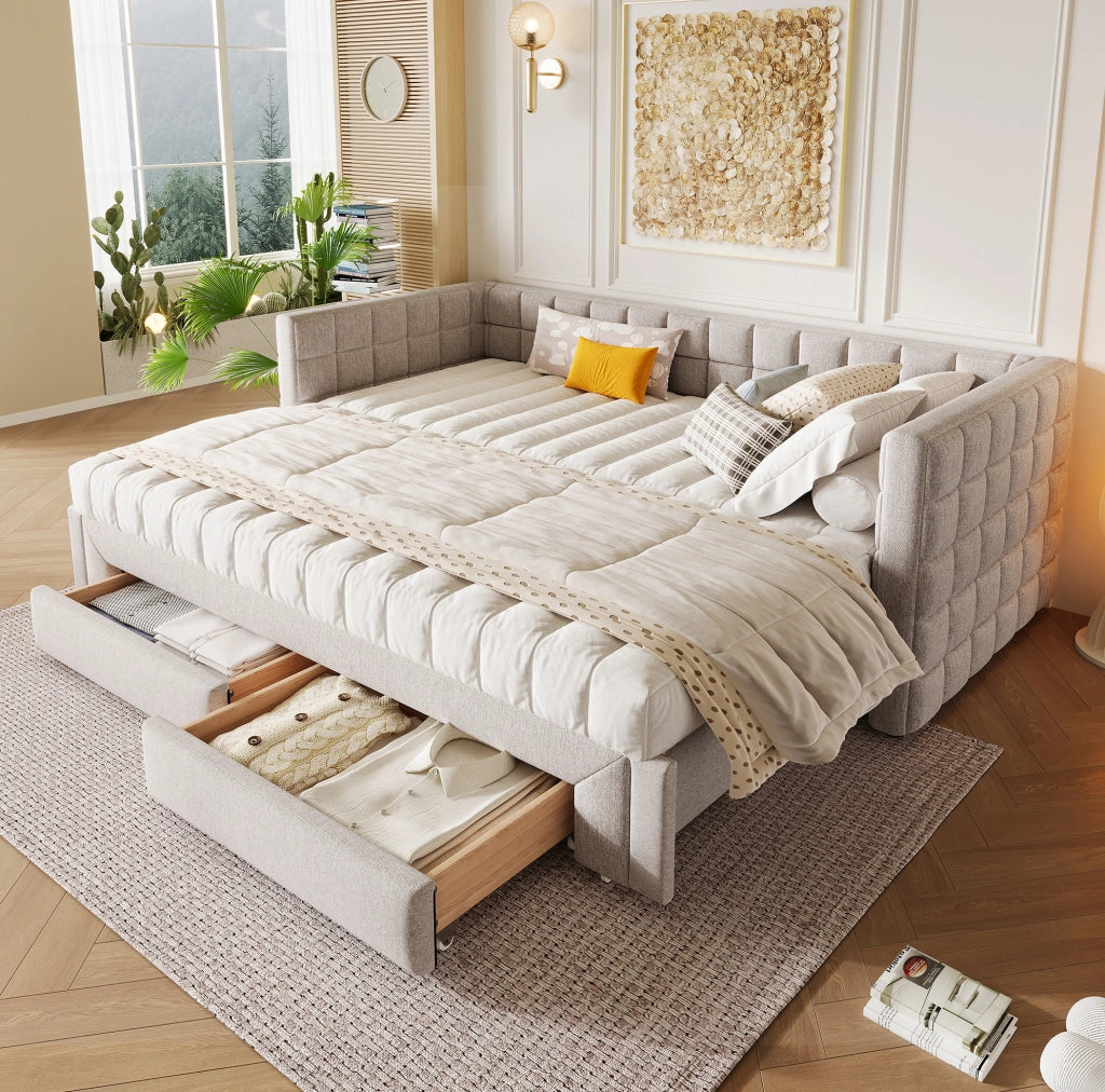 Letto a divano 90x200 cm estensibile; 2 cassetti; velluto; beige; (Senza materasso)