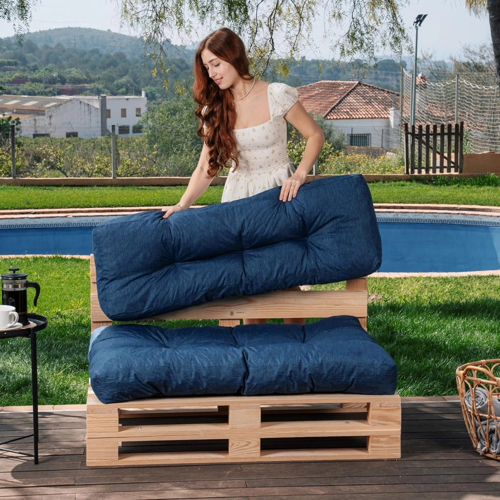 Cuscini per Pallet - Tessuto Idrorepellente e Anti-UV - Molto Confortevole, Imbottito in Schiuma - Cuscini per Divano Esterno Giardino (Seduta 120x80 cm + Schienale 120x40 cm, Blu)