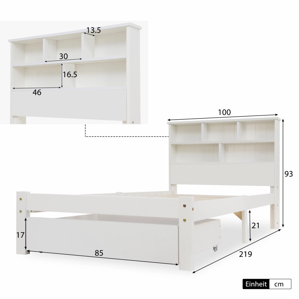 Letto singolo 90x200 cm con testiera a libreria e cassetti; legno; bianco (Senza materasso)