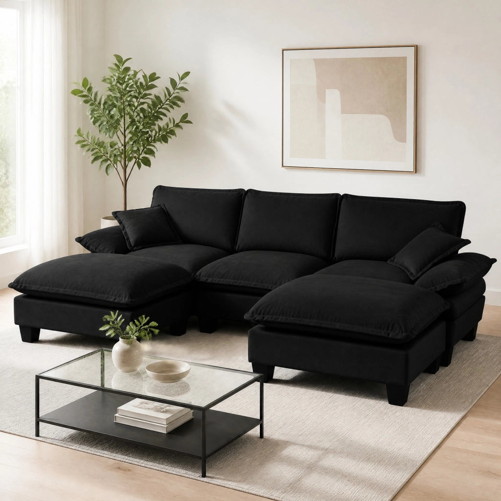 Divano panoramico a U modulare con pouf rimovibile e cuscini in chenille nero