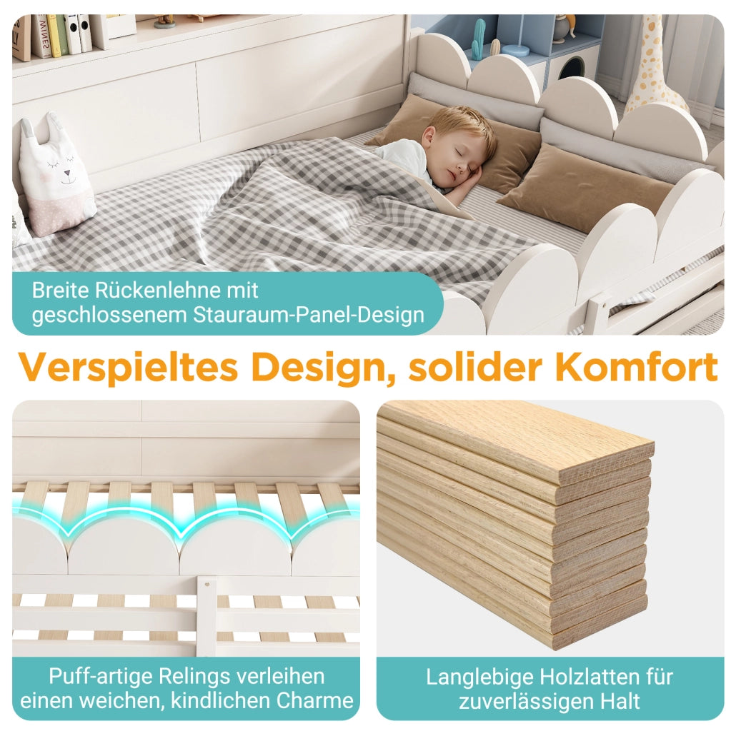Letto a pavimento per bambini 140x190 cm bianco con sponde; porta e ripiani
