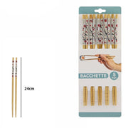 Trade Shop - Set 5 Coppie 10 Bacchette Legno Cinesi Giapponesi Posate Cucina 24cm Fiori 74189 -