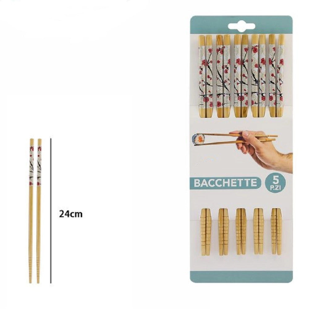 Trade Shop - Set 5 Coppie 10 Bacchette Legno Cinesi Giapponesi Posate Cucina 24cm Fiori 74189 -