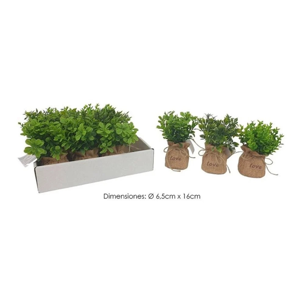 Trade Shop - Set 12pz Pianta Artificiale Con Vaso Sacco In Juta Decoro Scritta "love" ø6,5x16cm 231032 -