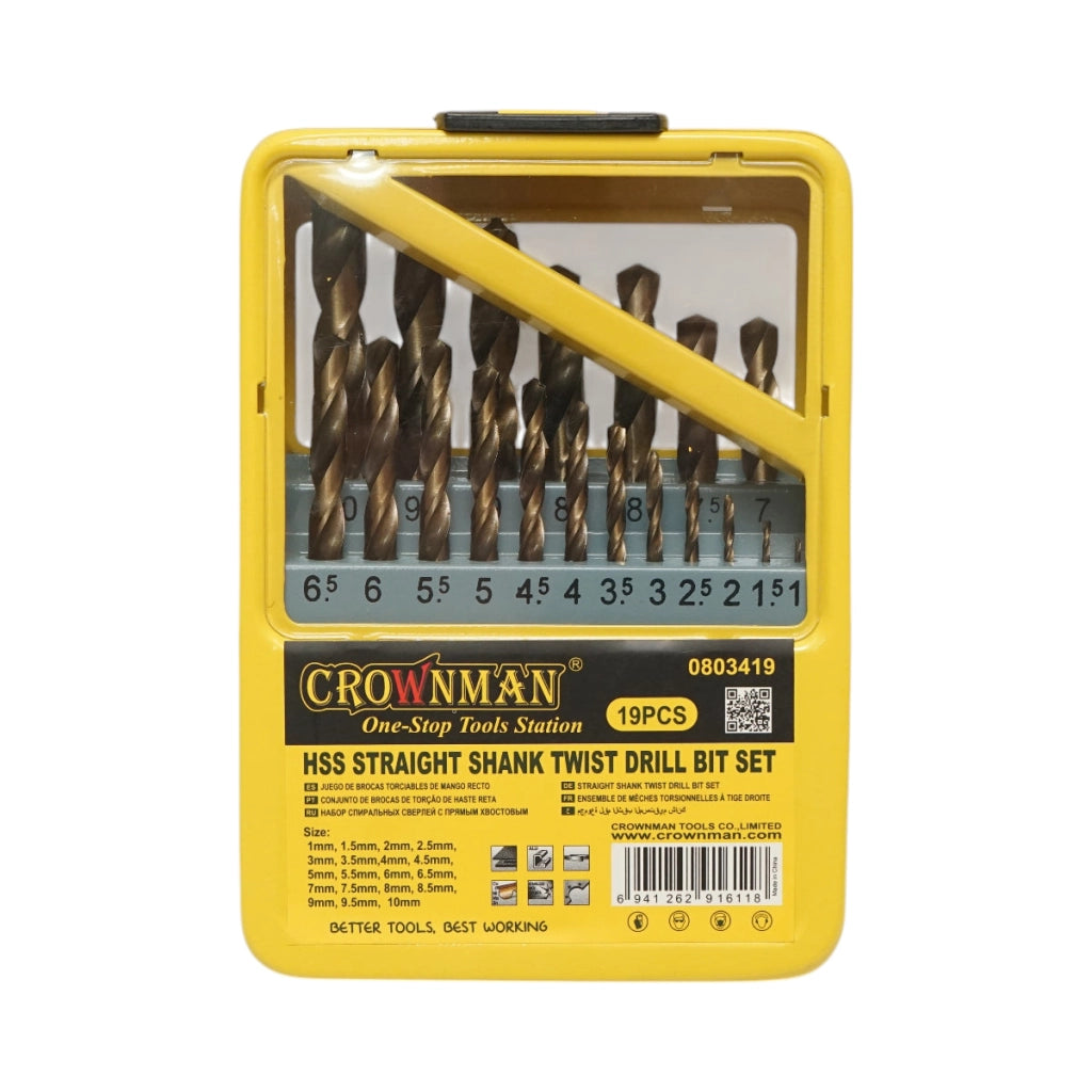 Set di punte elicoidali HSS Crownman da 25 pezzi da 1-10 mm con gambo cilindrico per metallo