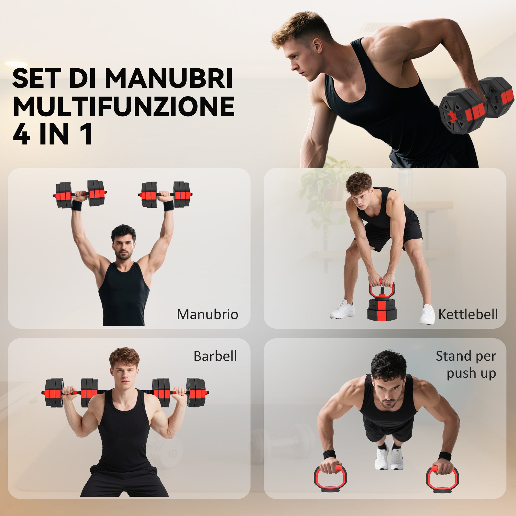 Set Pesi Palestra 4 in 1 30kg Manubri Bilanciere Kettlebell Rosso
