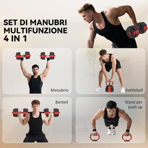 Set Pesi Palestra 4 in 1 30kg Manubri Bilanciere Kettlebell Rosso