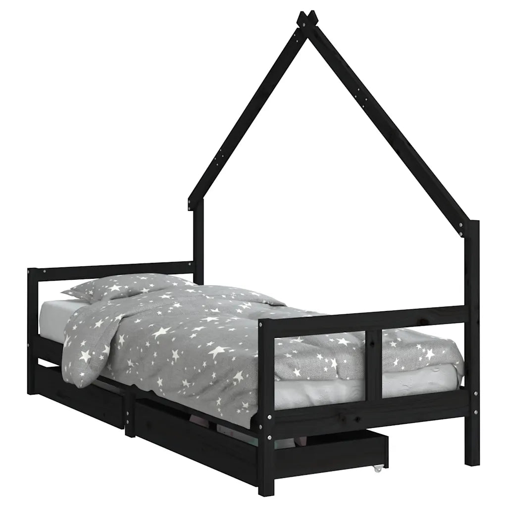 Giroletto Bambini | Letto Infantile | Lettino con Cassetti Nero 80x200cm Massello di Pino