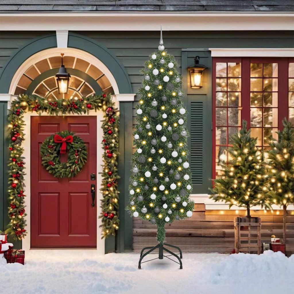 Albero di Natale pieghevole 300 LED e Set di Palline Verde 210 cm