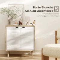 Credenza Moderna a 2 Ante con Ripiano Regolabile, 72x35x77 cm, Bianco Lucido e Rovere