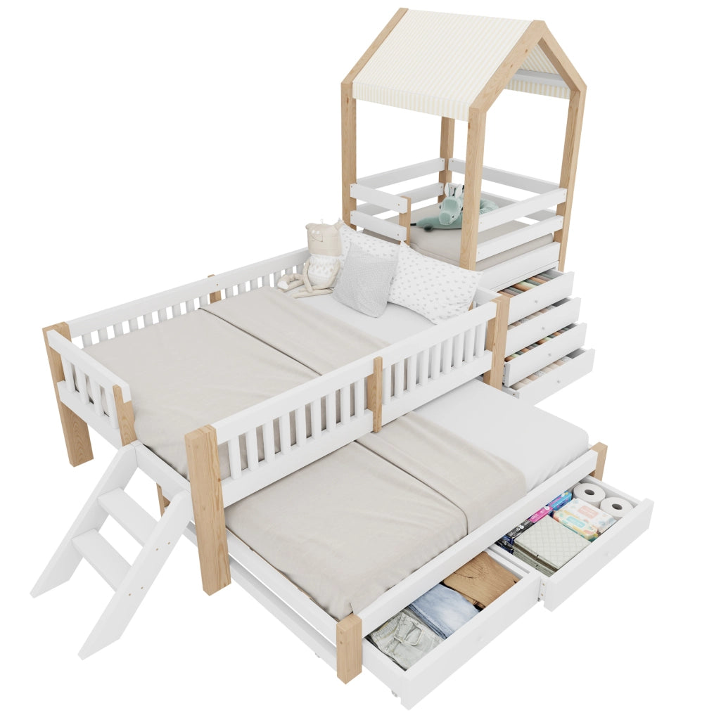 Letto per bambini a casetta con letto estraibile, scala e cassetti
