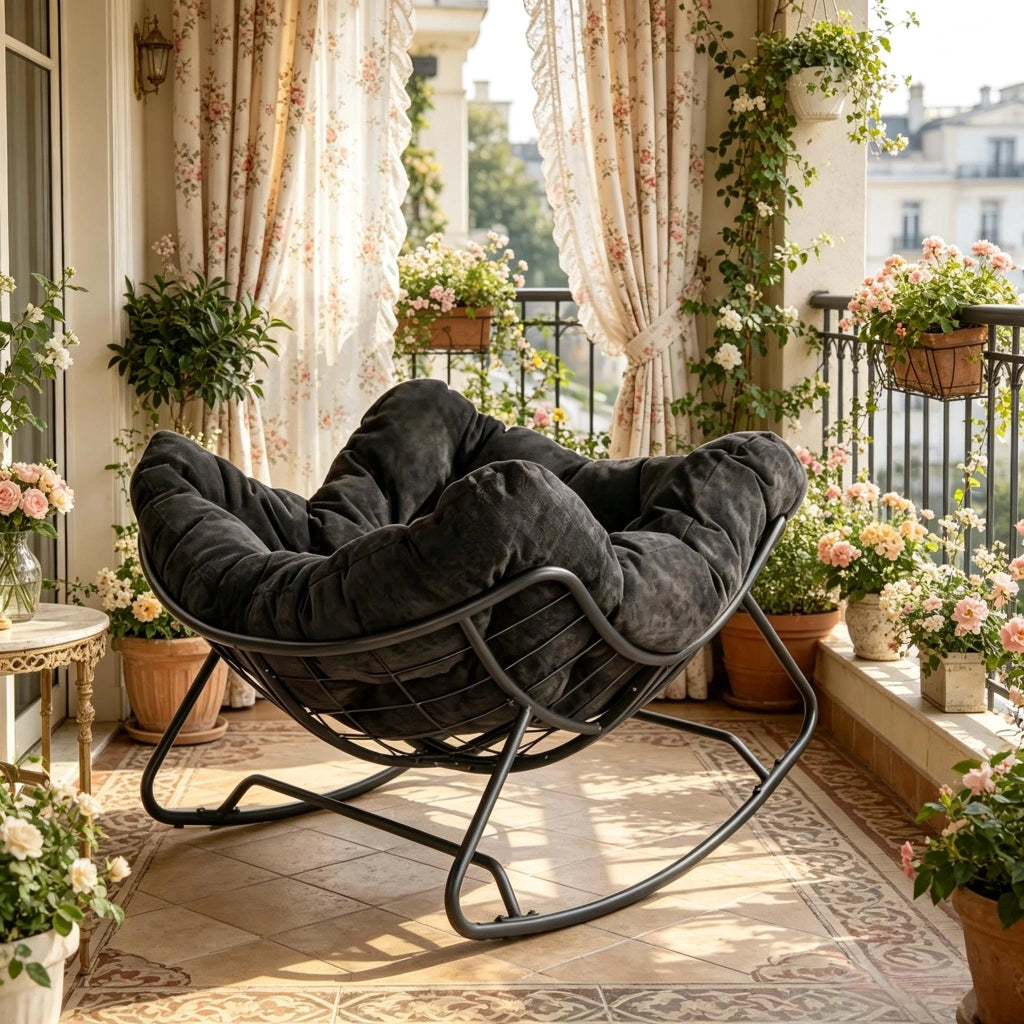 Poltrona a dondolo con seduta e cuscino avvolgente per soggiorno in chenille e metallo nero 91 × 102,5 × 77 cm