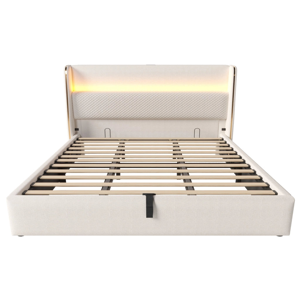 Letto contenitore 180x200 cm con LED e ricarica USB e Type C in lino beige