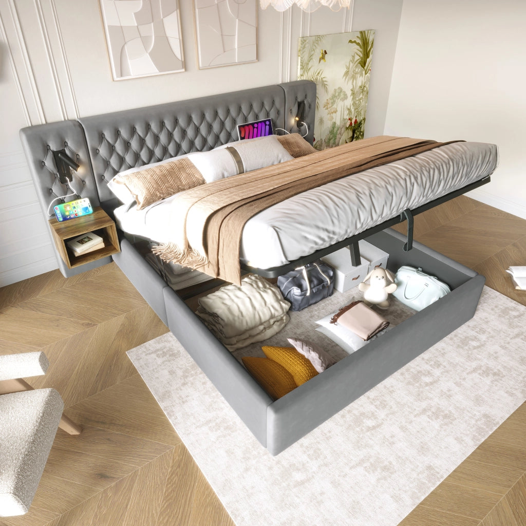 Letti contenitori 160x200 cm con contenitore e testiera con luci USB in velluto grigio (Senza materasso)