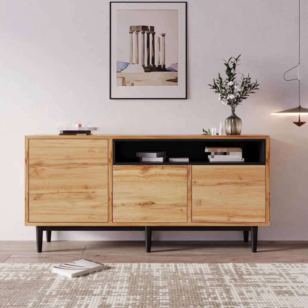 Credenza moderna 3 ante con ripiani regolabili, 160x35x76 cm