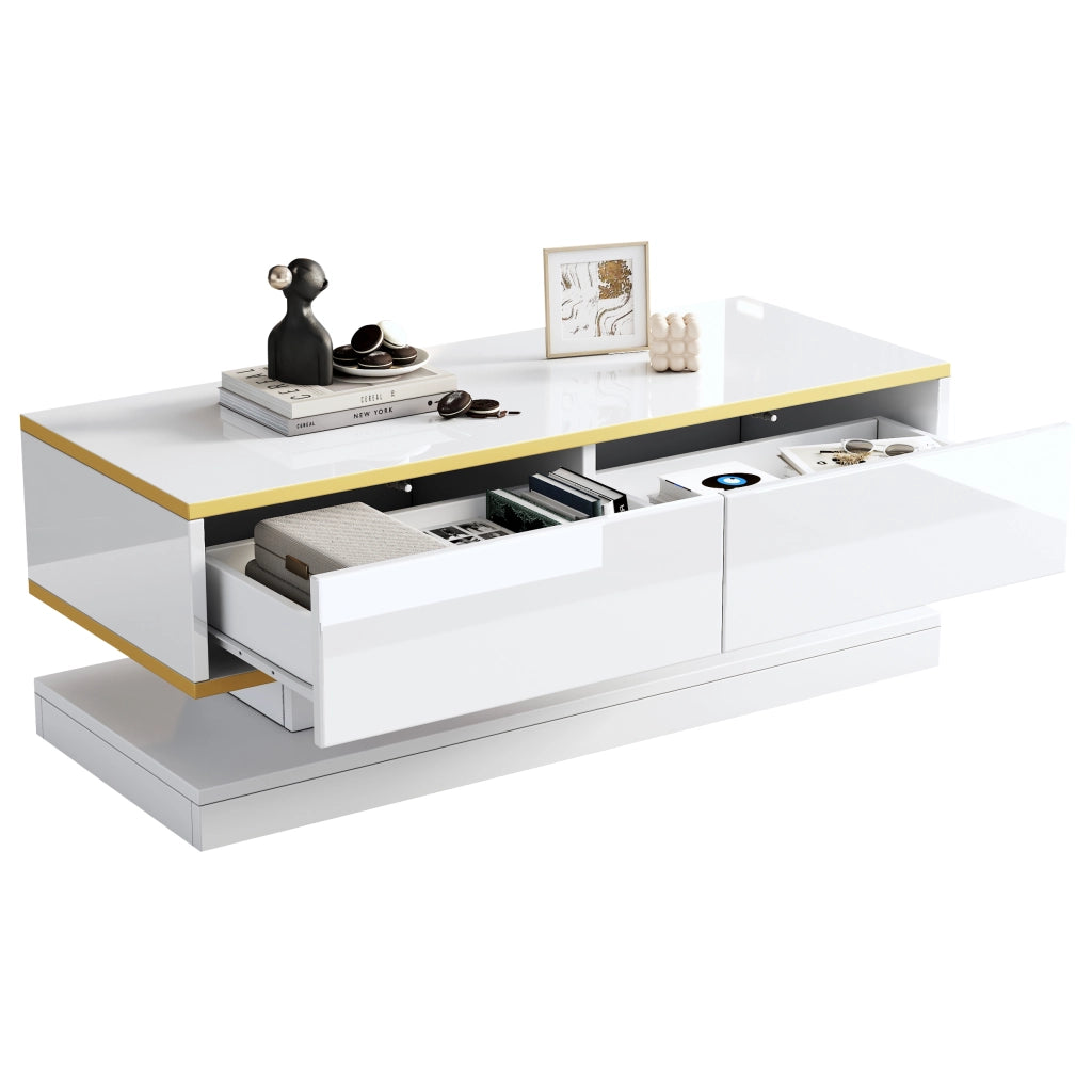Set Mobile TV e Tavolino da Salotto ¨C MINIMAL ¨C Bianco Lucido, Cassetti, Oro