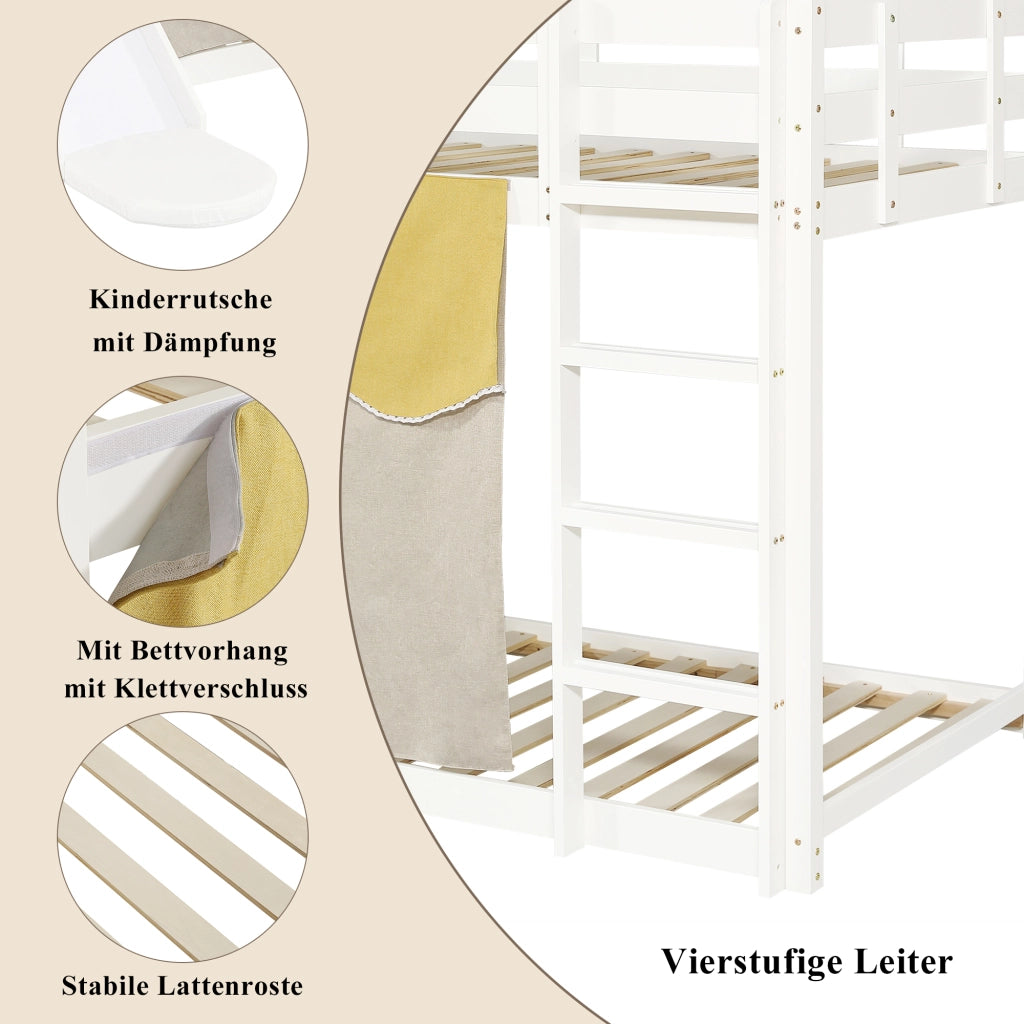 Letto a Castello 90x200 cm - con Scala; Scivolo e Tende - in Legno - Bianco