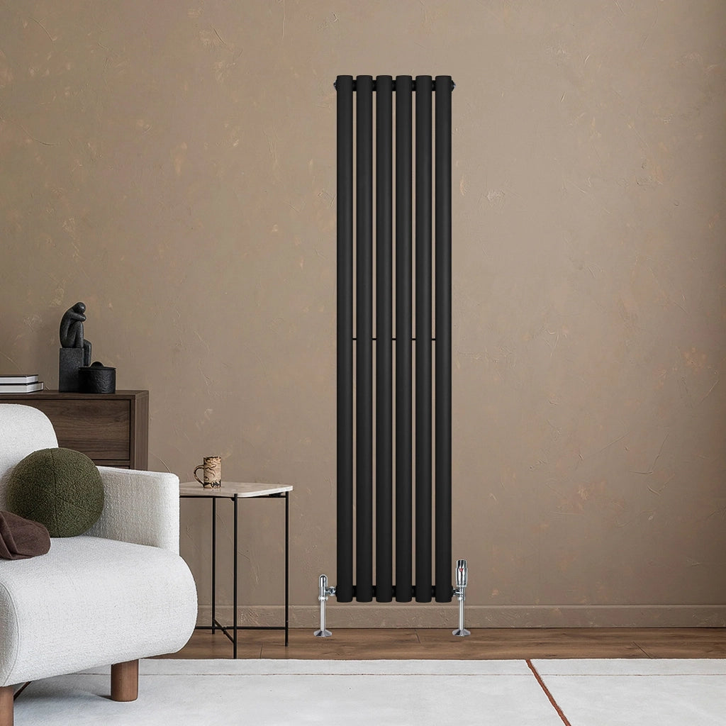 Radiatore Verticale Ovale 1600x360mm Nero con Valvole TRV