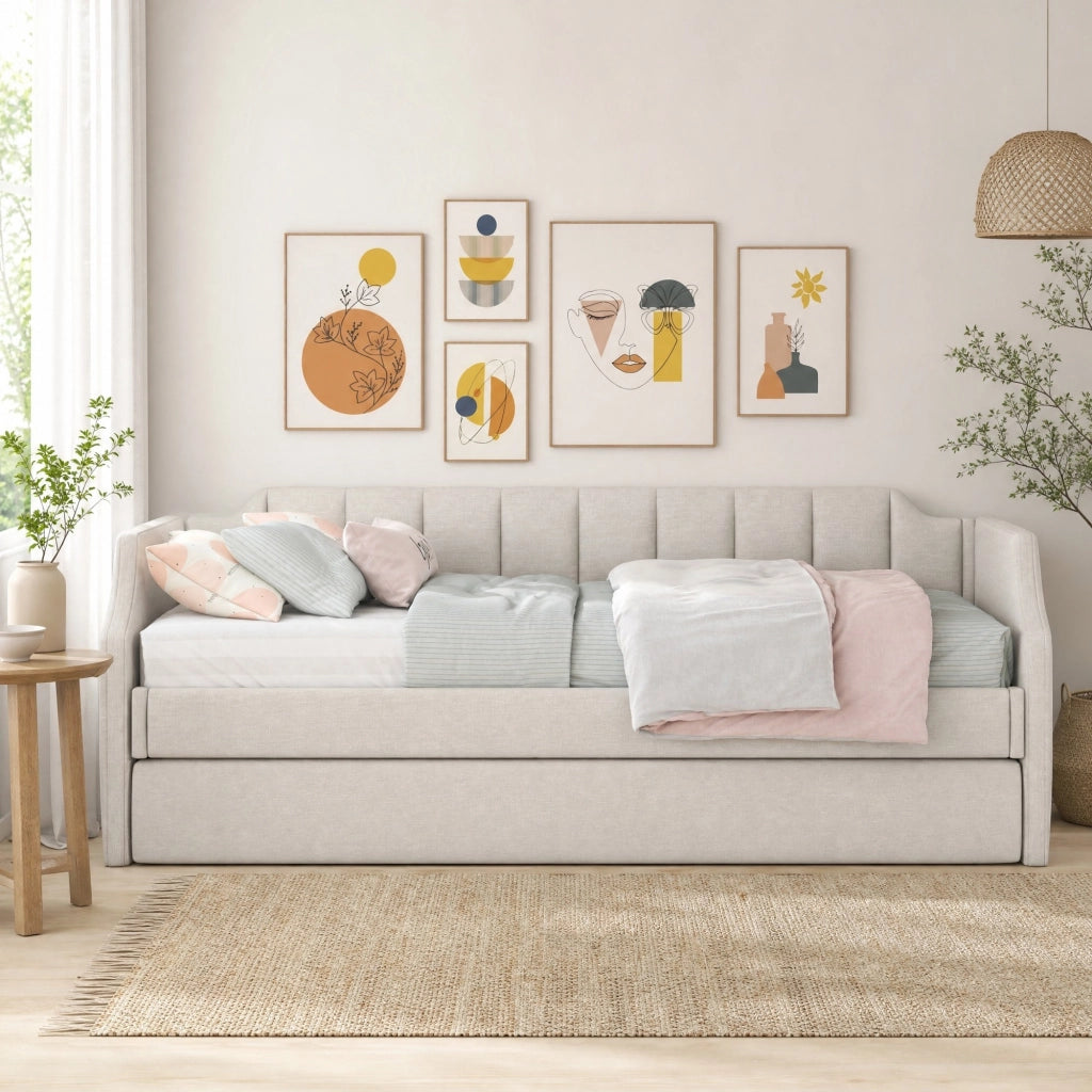 Letto singolo imbottito con secondo letto estraibile e design salvaspazio
