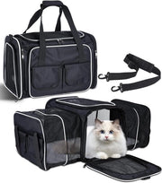 Tas per gatto pieghevole con materasso in piuma, contenitori laterali e formato L nero adatto per viaggi in aereo e in treno.