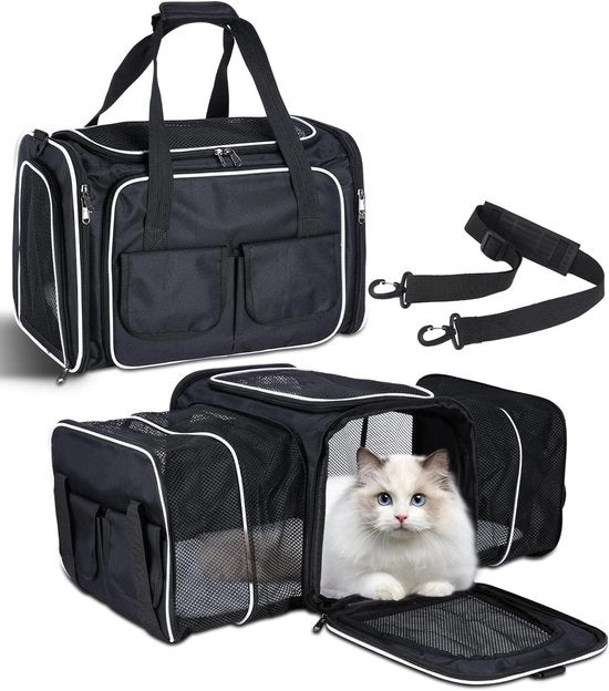 Tas per gatto pieghevole con materasso in piuma, contenitori laterali e formato L nero adatto per viaggi in aereo e in treno.