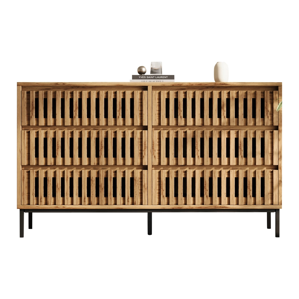 Credenza bassa con 6 cassetti, struttura in MDF e pannello truciolare, design a griglia, 120¡Á40¡Á81 cm, colore legno naturale