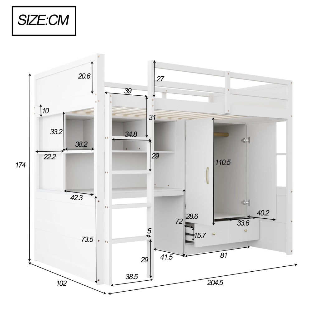 OKWISH Letto a Soppalco Letto Singolo, con Scrivania, Armadio, Cassetti e Vani Contenitore, 90×200 cm, senza Materasso, Legno, Bianco