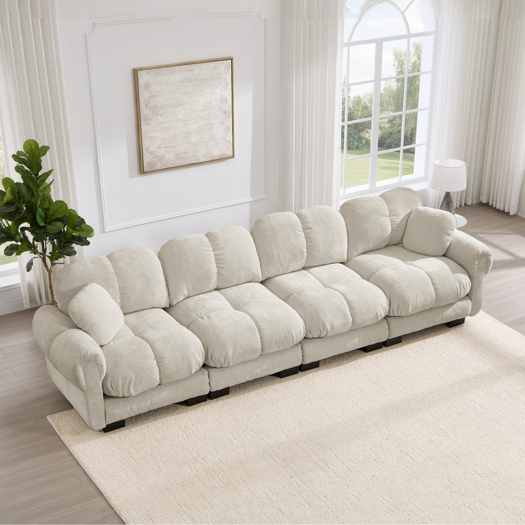 Divano modulare a 4 posti in ciniglia con seduta imbottita e cuscino lombare, beige chiaro 330 × 86 × 90 cm