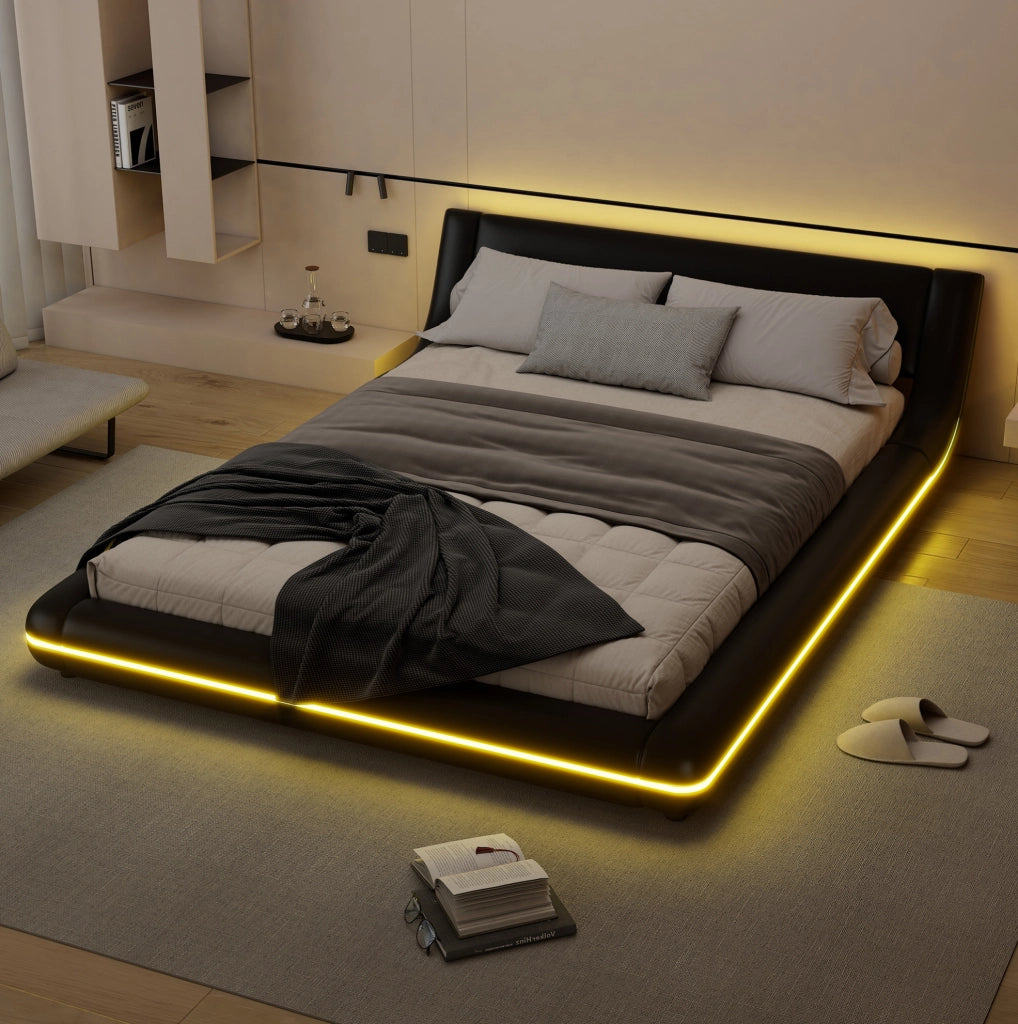 Letto a pavimento 140x200 cm in PU nero con LED regolabili via app