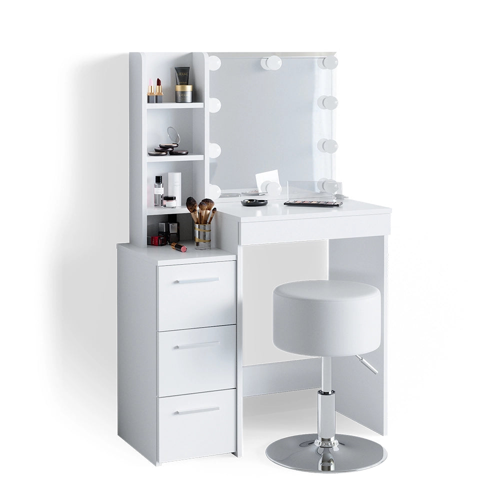Vicco Tavolo da toeletta Bianco 80 cm con illuminazione LED e sgabello