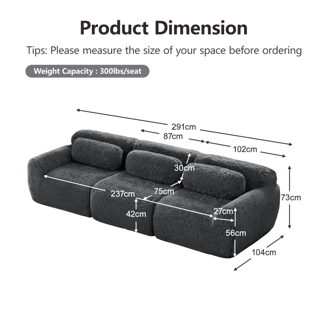 Divano Modulare a 3 Posti con Supporto Ergonomico e Base Antiscivolo; in Peluche; Grigio