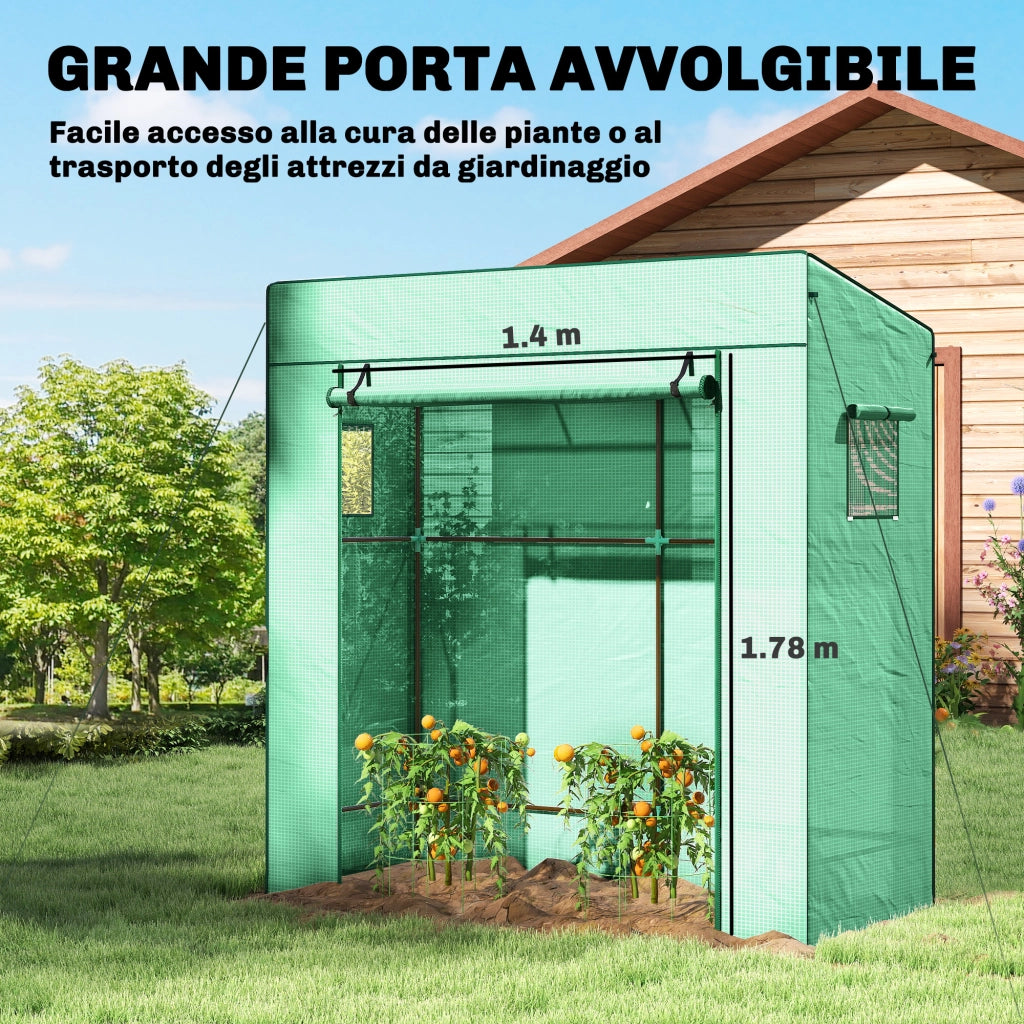 Serra per Piante con 2 Finestre Laterali a Rete e Ingresso Avvolgibile, in PE e Acciaio, 196x77x197 cm, Verde