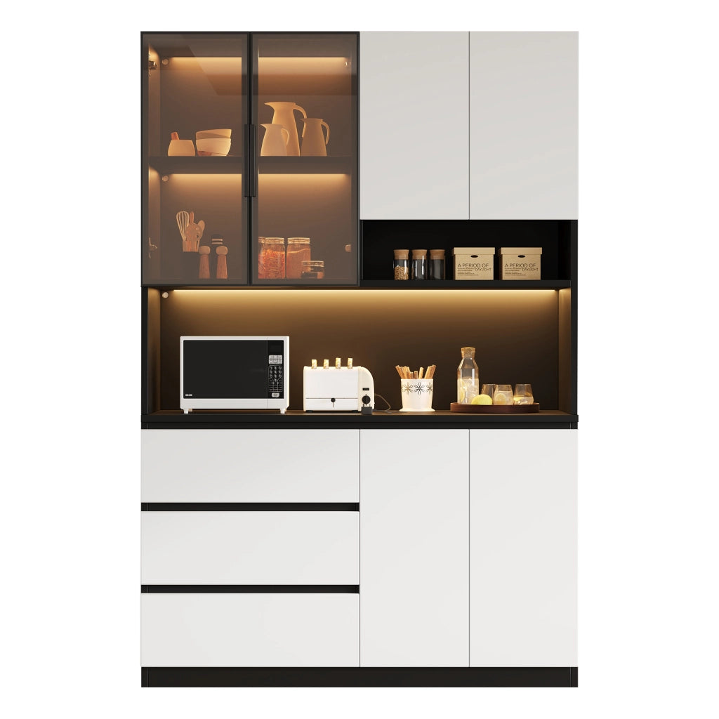 Mobile Cucina con Vetrina LED ¨C MINIMAL ¨C 3 Cassetti, 6 Ante, Ripiani, 120.5x40x180 cm