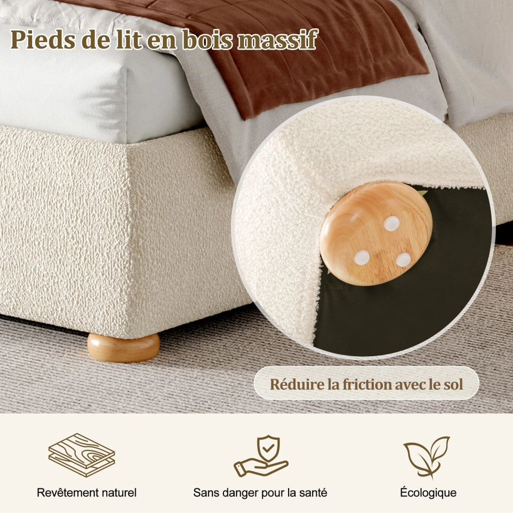 Letto Contenitore Matrimoniale 140 x 190 cm; Rete a doghe e Testiera in Bouclé Beige