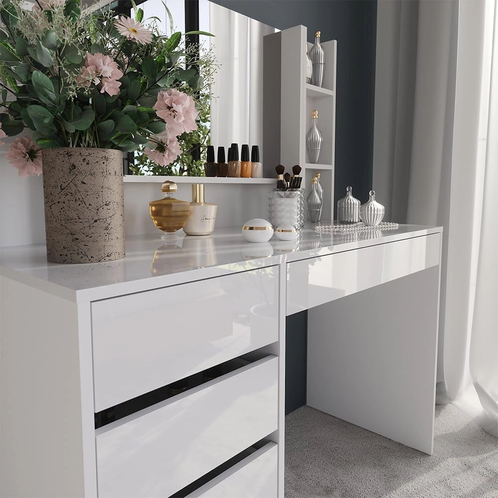 Tavolo da toeletta Sherry, Bianco/bianco lucido, 119.8 cm 4 parti