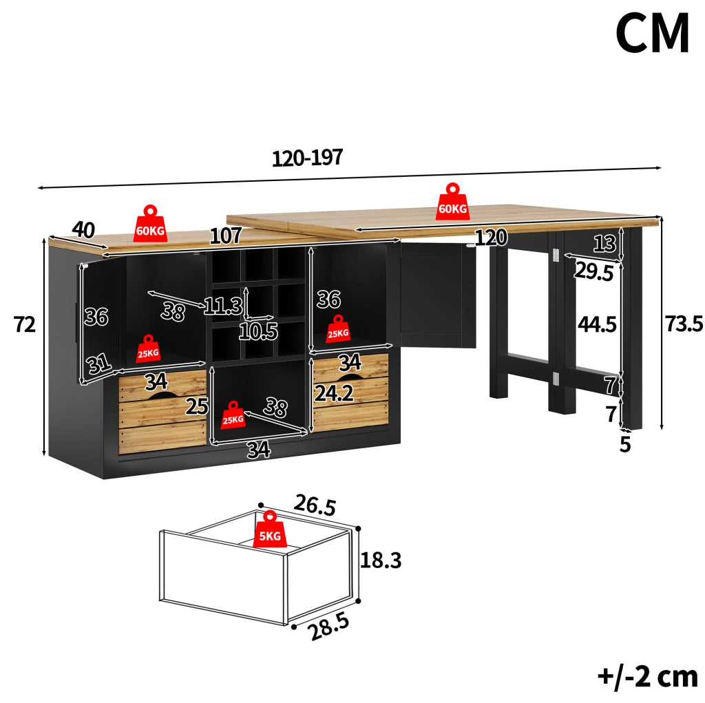 Tavolo da pranzo estensibile con sideboard girevole nero