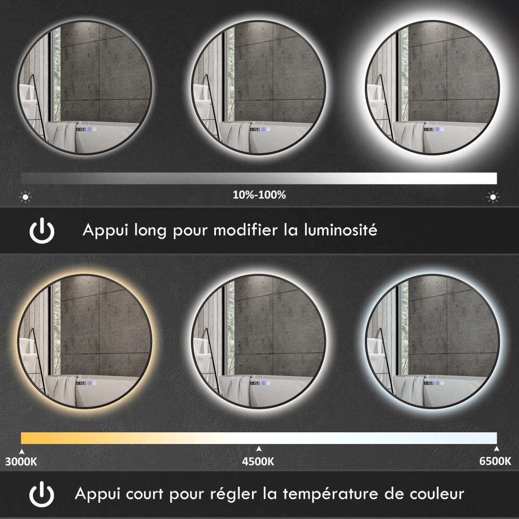 Specchio da Bagno Rotondo con Luce LED ¨C zephmum ¨C Nero, Antifog, Touch