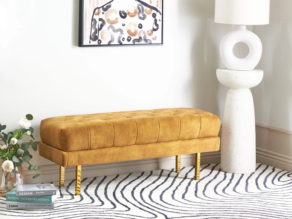 Panca Giallo Tessuto imbottito Velluto Accento di metallo Gambe d'oro Panca da letto Sgabello