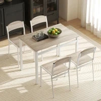 Set da Pranzo da 5 Pezzi con 1 Tavolo Rettangolare e 4 Sedie, in Metallo e MDF, Grigio e Bianco