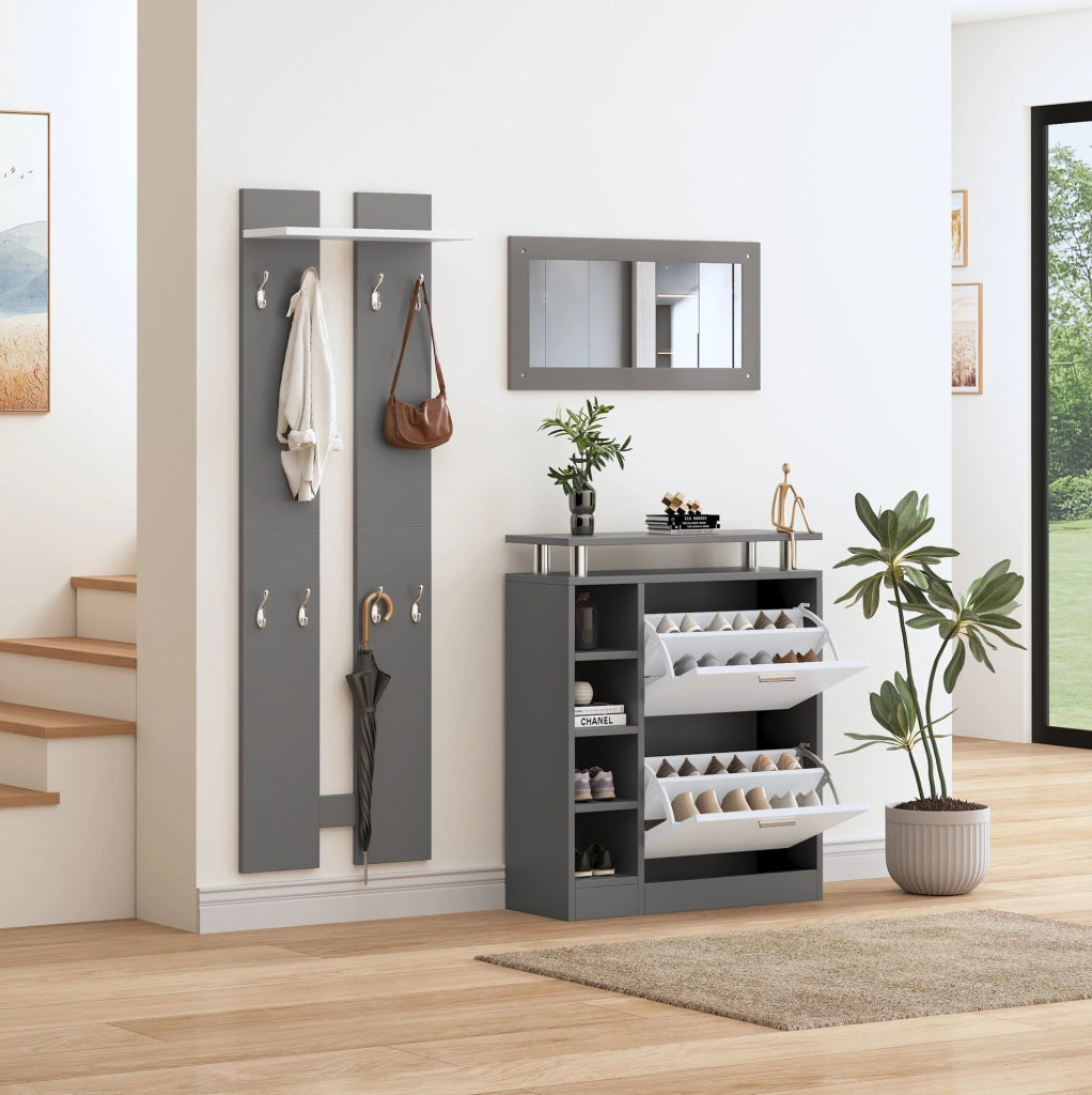 Set guardaroba da ingresso con scarpiera 80x25x96;5 cm; specchio e 8 ganci; grigio e bianco