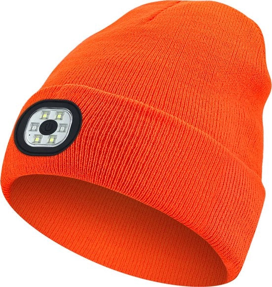 Cappello di lana con illuminazione LED ricaricabile - 22*21cm - Cappello unisex per inverno - Cappello con lampada da tasca a mani libere - Ideale per pescatori, runner, campeggiatori - colore arancione brillante
